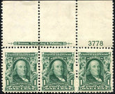US 300 Bureau & Regular Issues NH F - VF Plate Number Imprint Strip of 3 cv $90