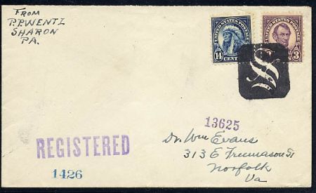 US Pennsylvania, Sharon 565, 635 Fancy Cancel Cover, Negative "S" in Rectangle