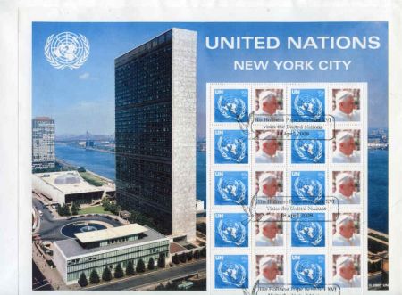 UN Personalized Sheets S18.1 Pope Benedict Visit 939 Full Sheet Canceled on Envelope