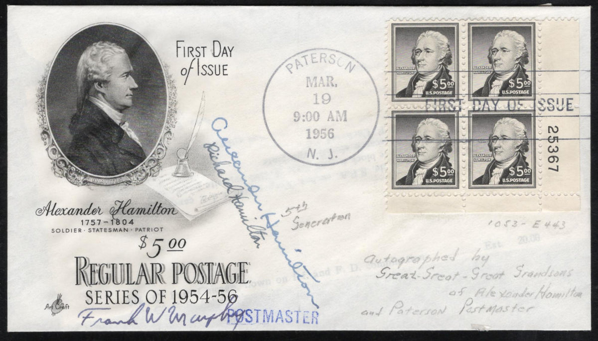 US 1956 #1053 FDC  Signed by Great Great Grandsons of Hamilton + PM