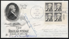 US 1956 #1053 FDC  Signed by Great Great Grandsons of Hamilton + PM