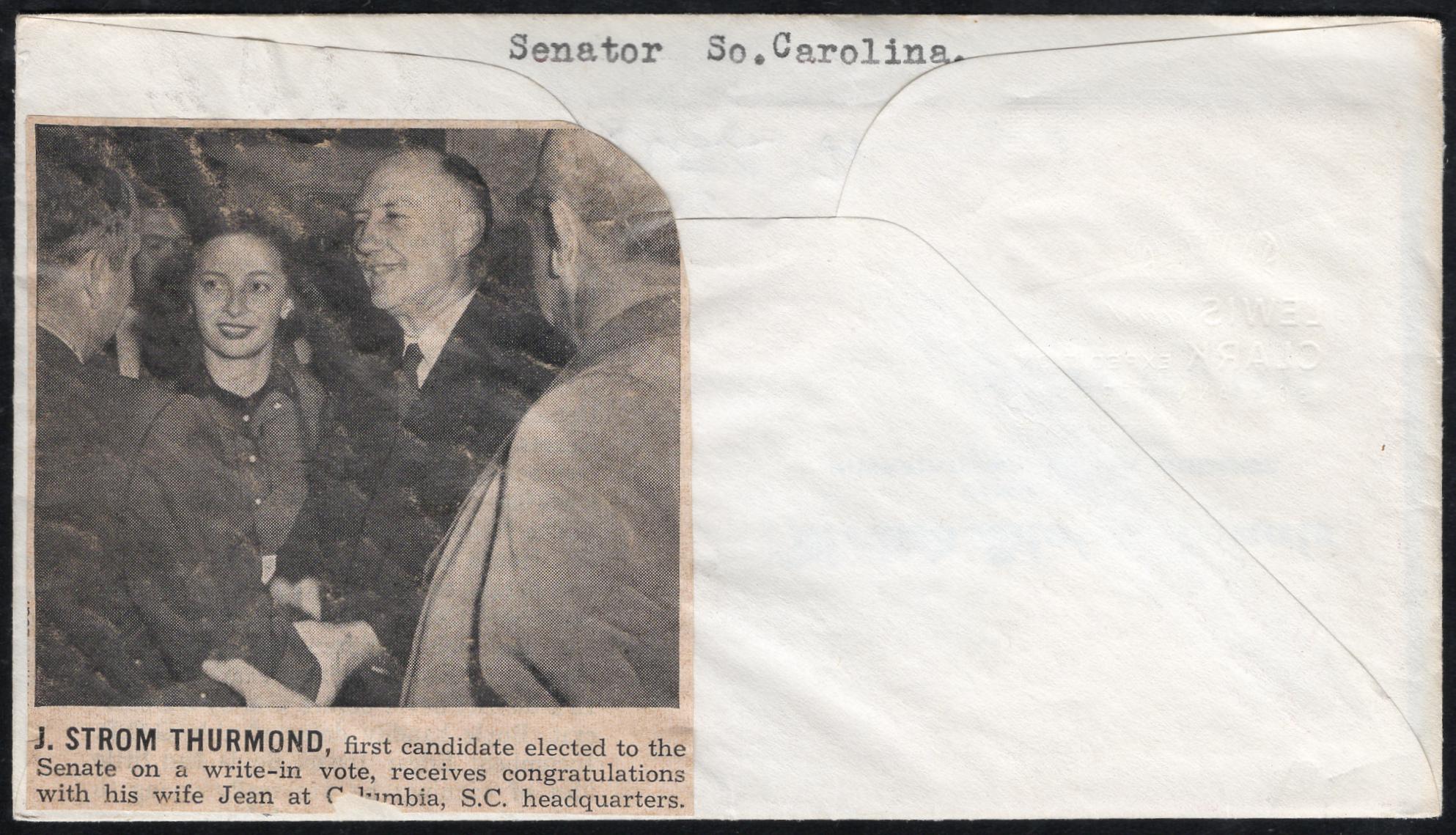 US (1954) #1063 Cover Signed by J. Strom Thurmond, US Senator 1954-2003, + Gov.