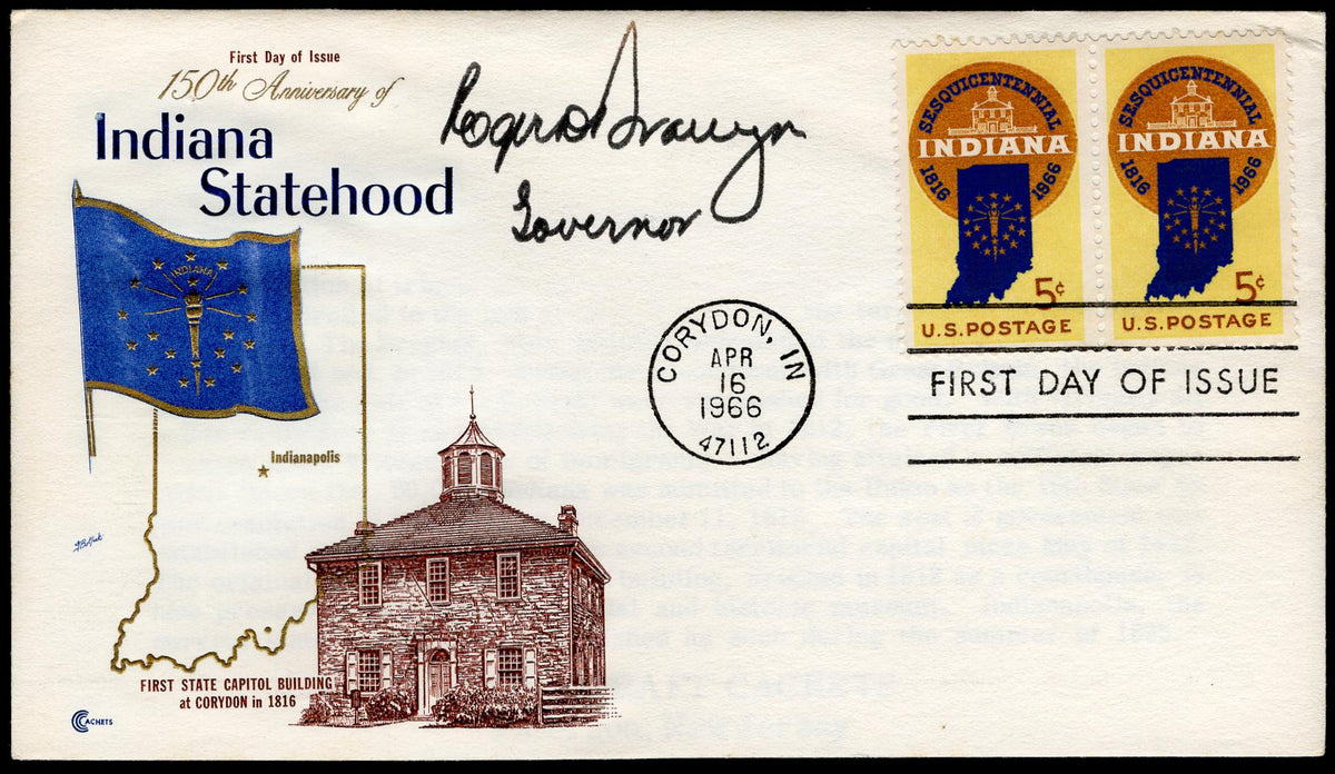 1966 #1308 FDC Signed by Roger D. Branigin, Governor of Indiana