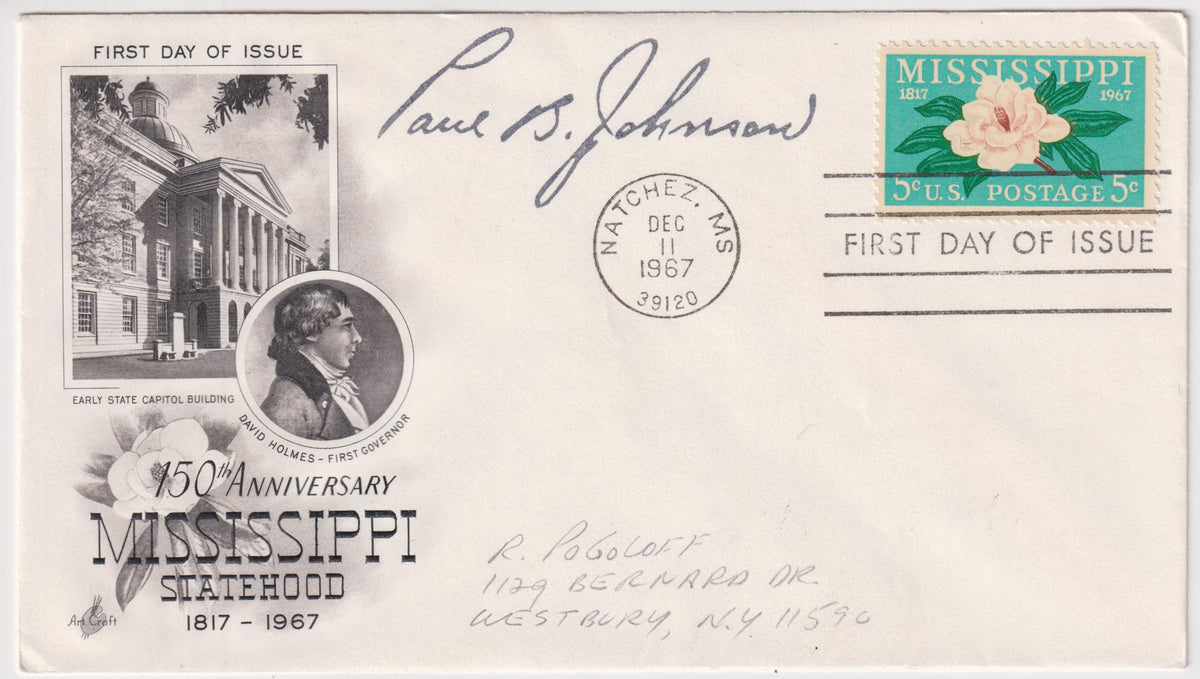 US 1337 FDC Signed by Governor Paul B. Johnson of MS