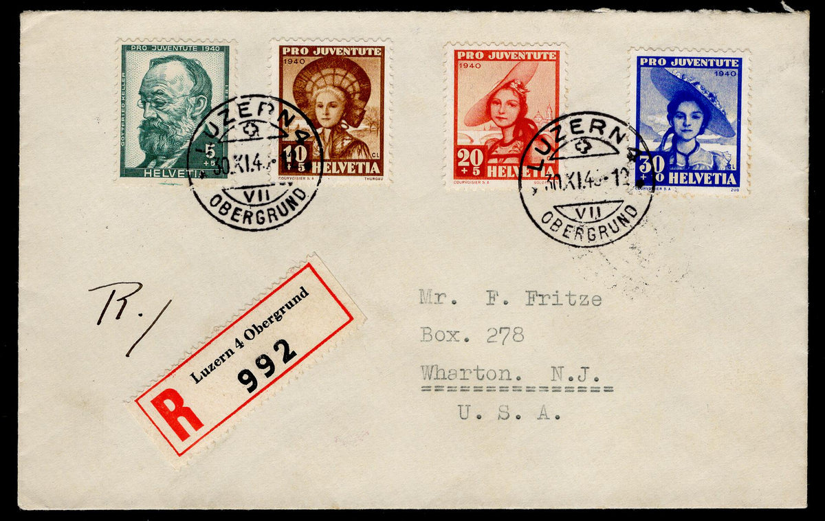 Switzerland 1940 #B106-109 FDC VF Sent Registered to USA