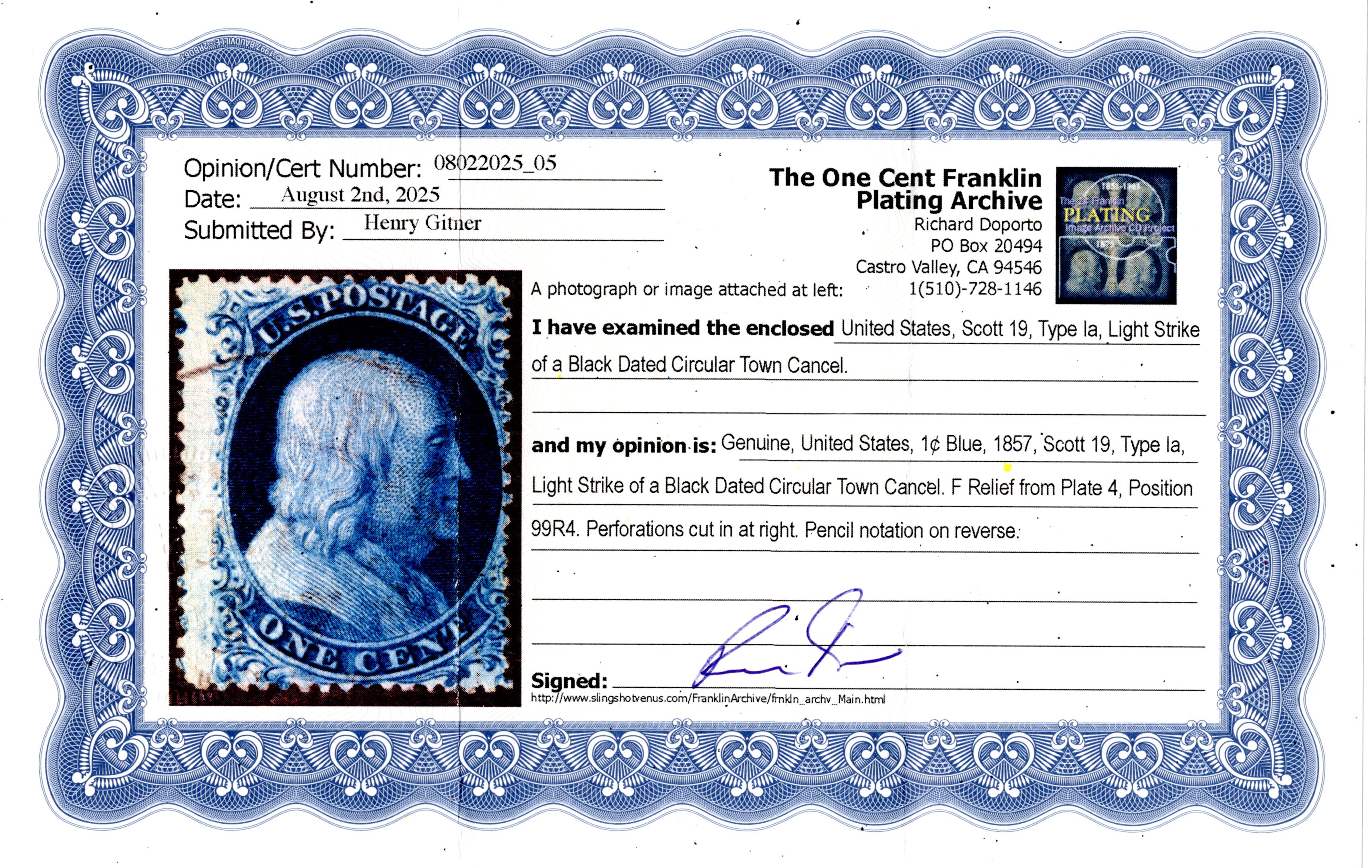 US 19 Ave-Fine Used, Sound Used , Centered to the Right, Pos. 99R4, Doporto Cert. & PF Cert.