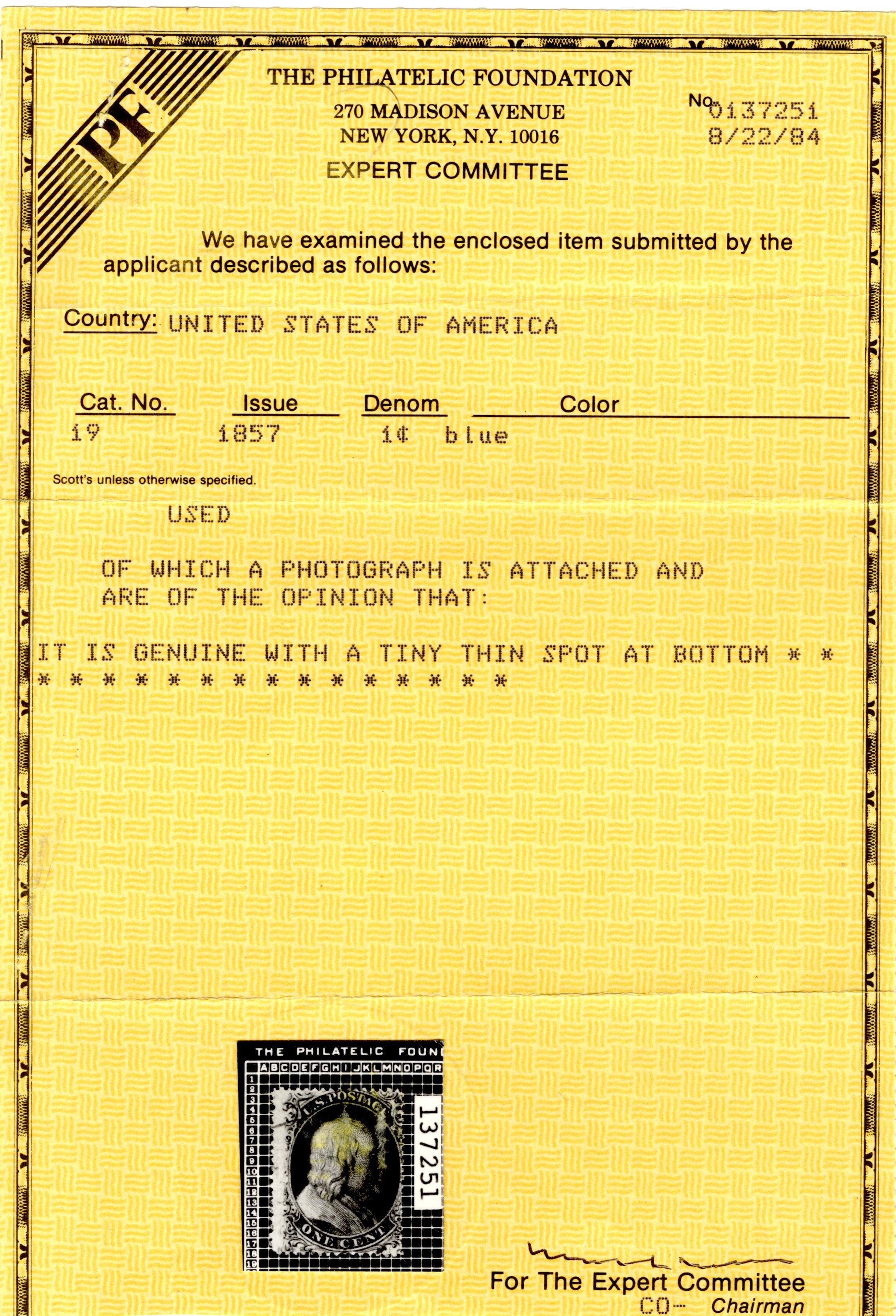 US 19 Ave-Fine Used, Sound Used , Centered to the Right, Pos. 99R4, Doporto Cert. & PF Cert.