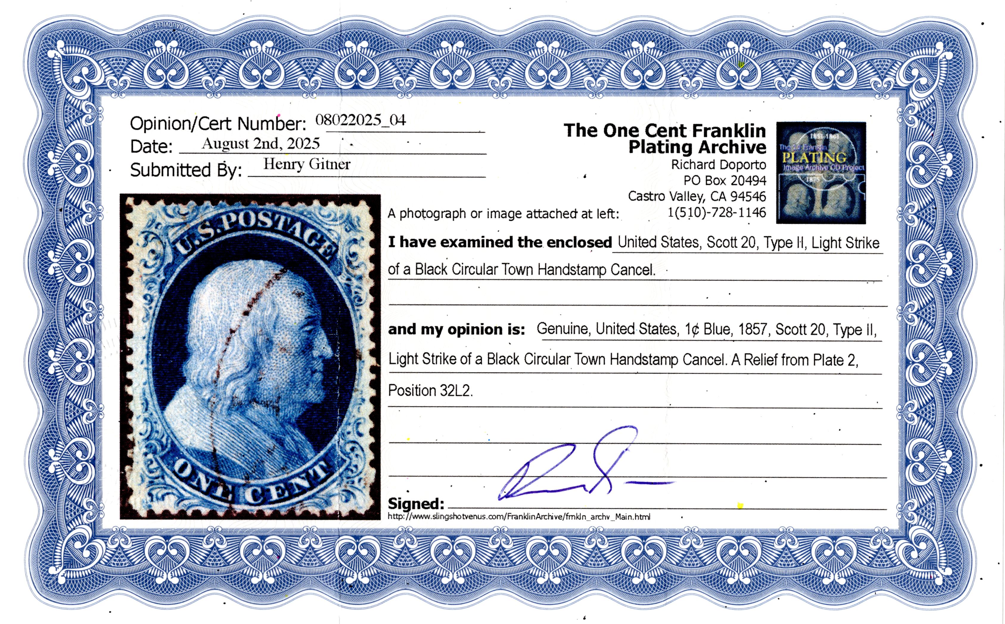 US 20 Used VF Pos. 32L2 , Doporto Cert.
