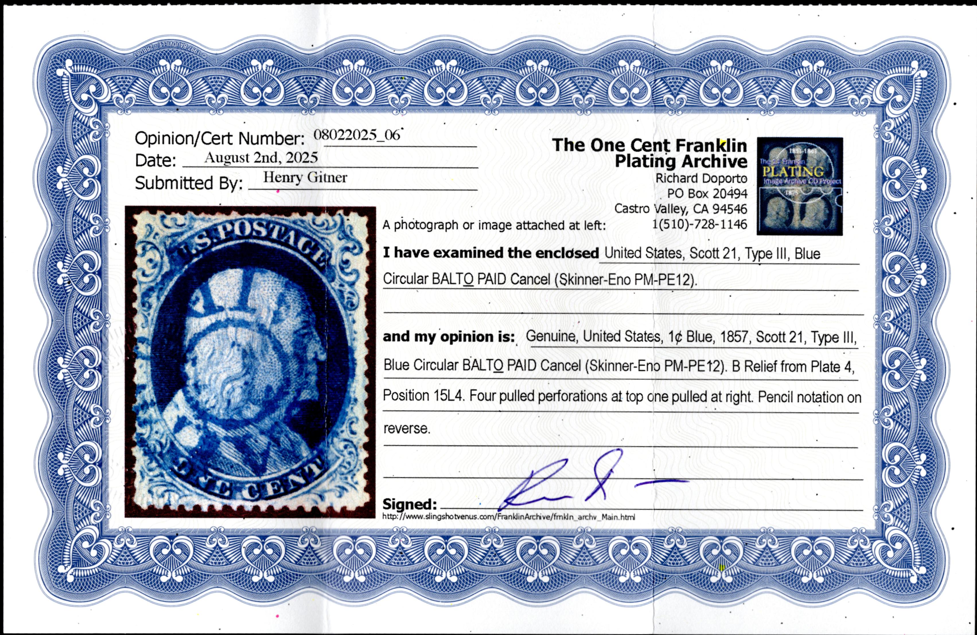 US 21 Used F-VF Nicely Centered, Pos 15L4, Doporto Cert.
