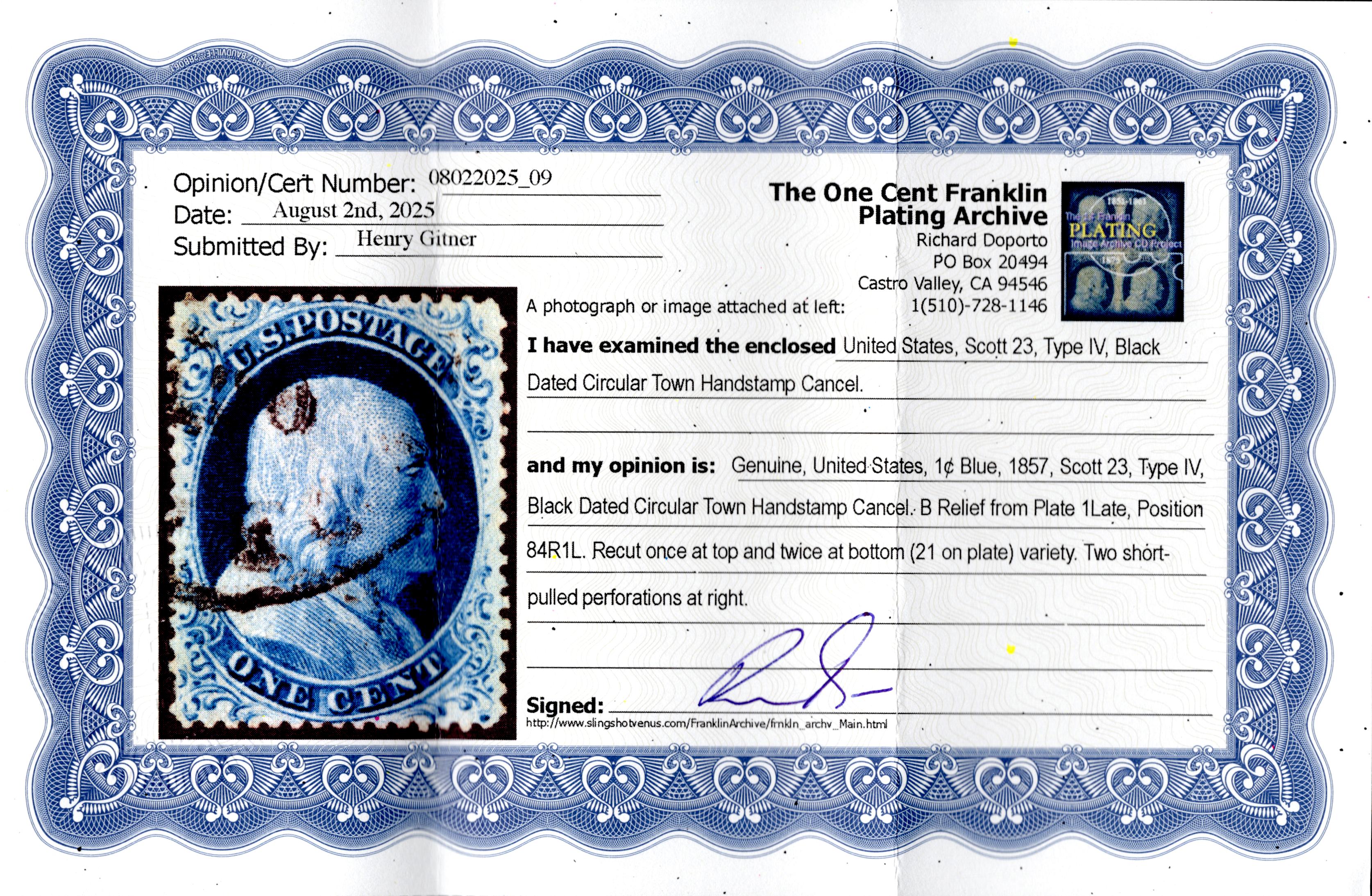 US 23 23 Used VF-XF Extraordinary Centering, Light Cancel, Pos.84RL , Doporto Cert.