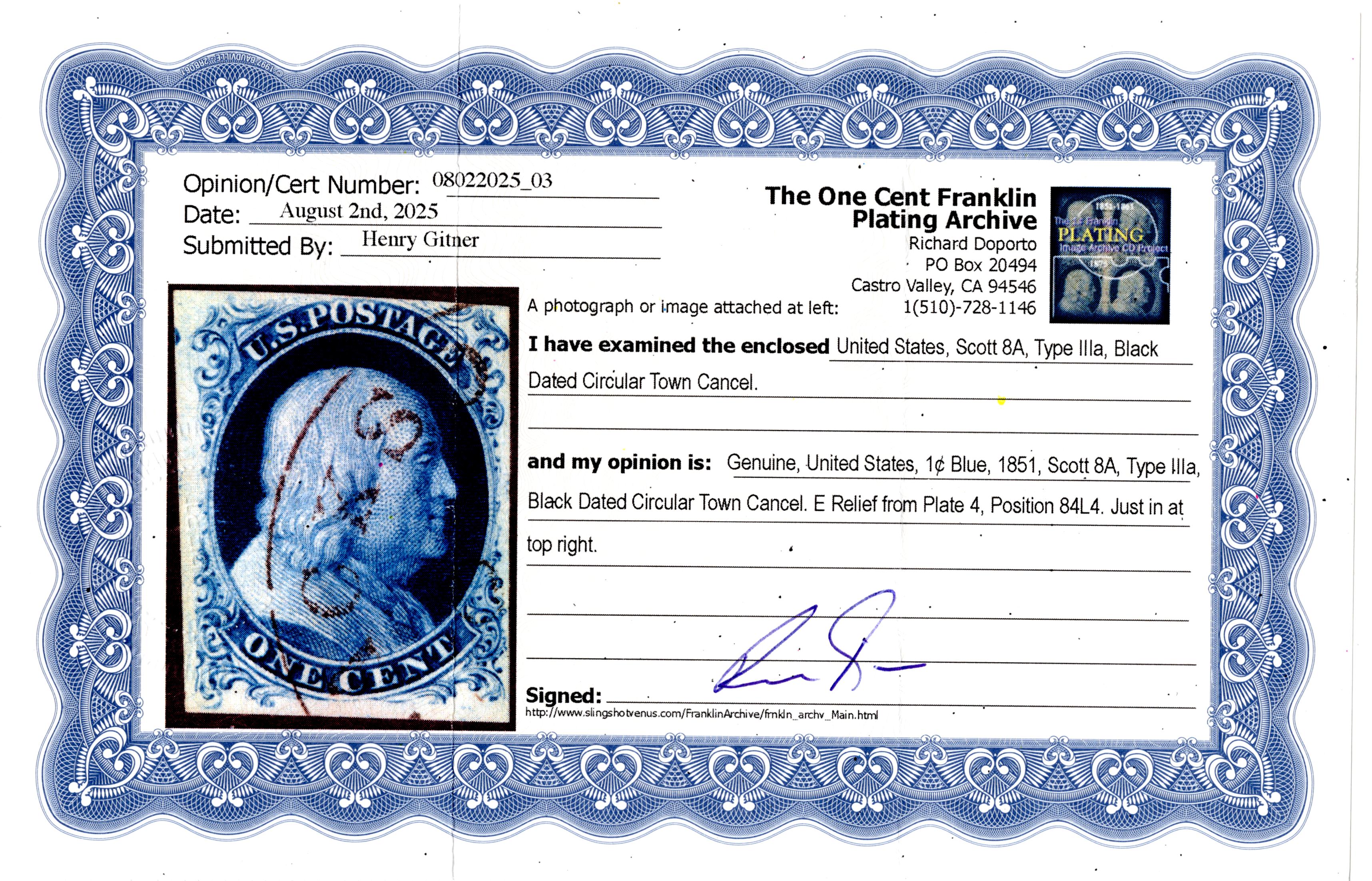 US 8A Used F-VF Pos. 84L4, Lovely, Doporto Certificate