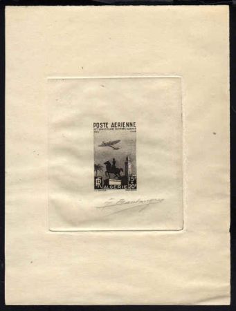 Algeria CB3  Artist Die Proof, Airplane, Clock Tower, in Black, Signed