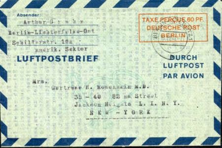 Germany 1949 Berlin Aerogram, VF commercially used to NY.