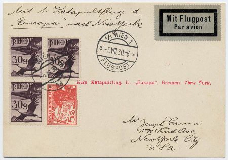 Austria 1930 Catapult Card Europa Bremen - NY