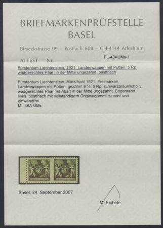 Liechtenstein 57a Imperf Pair - Cert