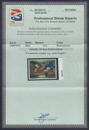 US RW70 Duck Stamp  XF - Sup NH PSE Cert Grade 95