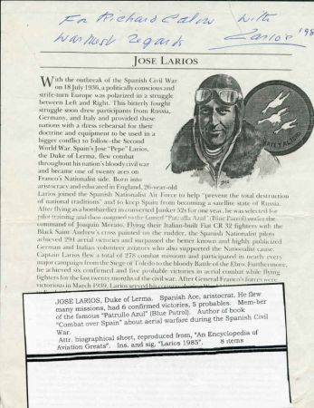 Autographs Jose Larios 1985 Spanish Ace, Signed biographical re print
