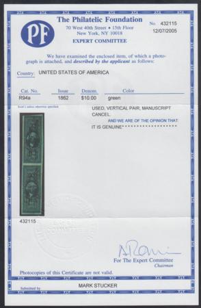 US R94a Revenue Used Vertical pair - Top F - VF, bottom XF, PF Cert cv $350