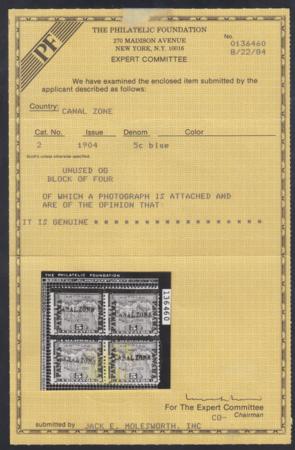 US Possessions - Canal Zone 2 Possessions F - VF Hinged Block of 4 - Disturbed OG, PF Cert cv $1,750