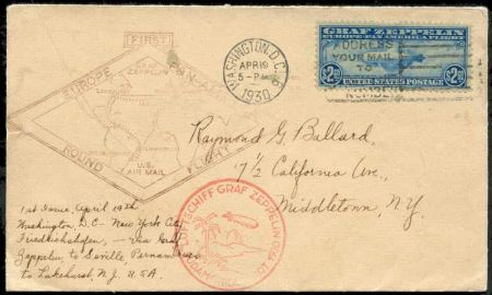 US 1930 C15 FDC VF stamp on flown First Day on lightly toned cover with handwritten cachet,  1/4  tear at left