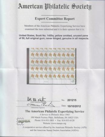US 1455a Error XF NH Missing Yellow APS Cert cv 375.00