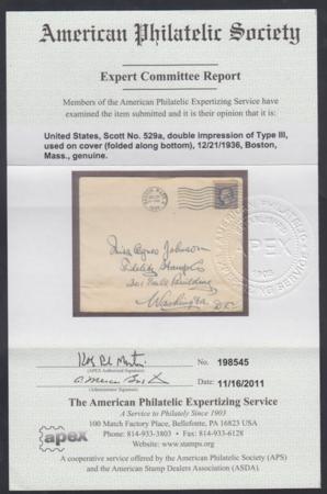 US 529a Washington / Franklin Double Impression on Cover Used cv $800.00 on cover would be $1600.00