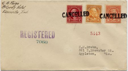 US Indiana, Evansville 634, 638, 641 Fancy Cancel Cover, "Cancelled"