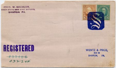 US Pennsylvania, Sharon 563, 638 Fancy Cancel Cover, Neagative "S" in Rectangle