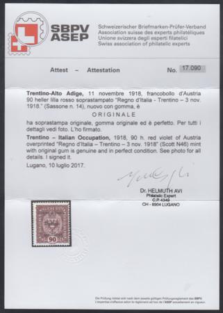 Austria N46 Italian Occupation - Trentino Fine LH Mint UL New Avi Cert - Rare cv $2,250