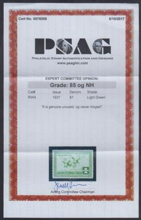 US RW4 Duck Stamp VF - XF NH Well Centered with PSAG Cert