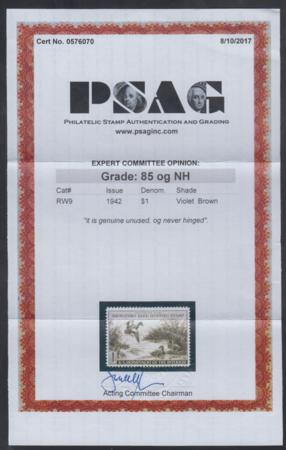 US RW9 Duck Stamp VF - XF NH PSAG 85 cv $260