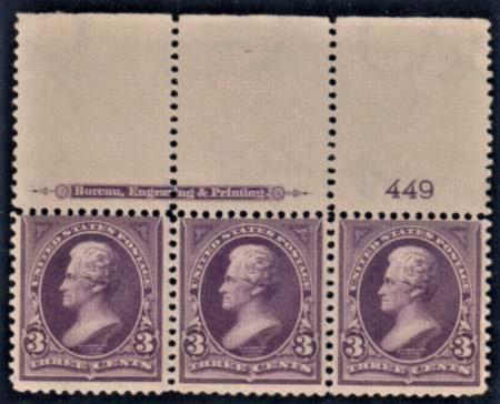US 268 Bureau & Regular Issues Plate Number Strip of 3 F + NH cv $400