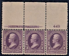 US 268 Bureau & Regular Issues Plate Number Strip of 3 F + NH cv $400