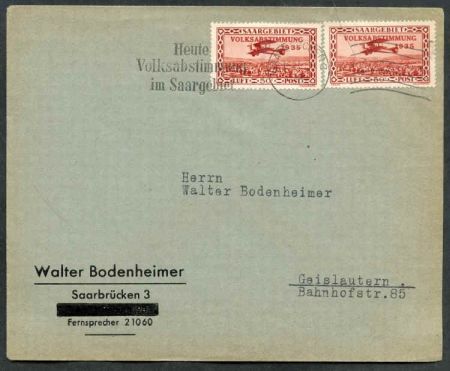 Saar 1935 C5 (x2) on cover to Geislautern, Germany