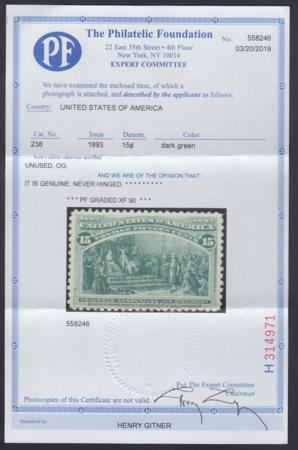 US 238 Early Commemoratives NH XF Beautiful Color, Impression + gum, New PF Cert.