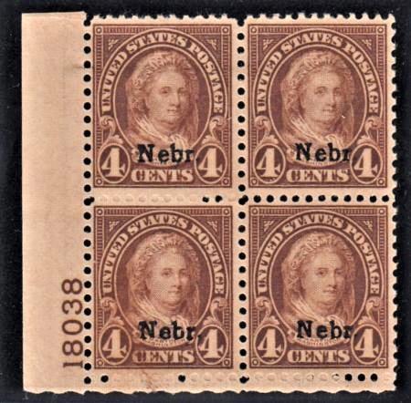 US 673 Mint NH F - VF Nebraska Overprint Plate Block # 18038 LL cv $375