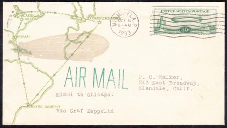 US 1933 C18 FDC Miami, FL with Green and Gray Linprint Cachet