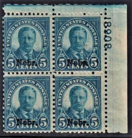 US 674 Mint NH Ave - F Nebraska Overprint Plate Block # 18908 UR cv $425