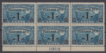 Canal Zone J1 Possessions NH F-VF Plate # Block