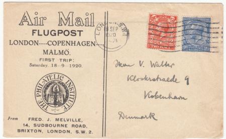 Great Britain 1920 First Flight Cover from London - Copenhagen
