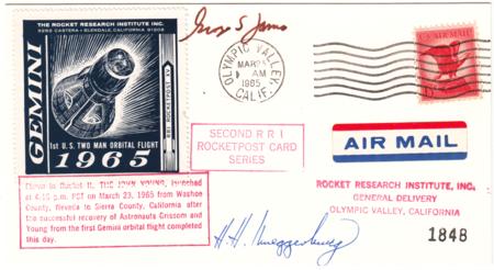 US 1965 Rocketpost Card with C67, Signed by George  James & H.H. Mueggenburg