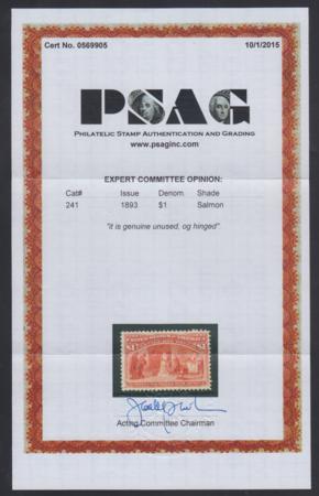 US 241 Early Commemoratives F - VF H PSAG Cert cv $1,000