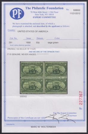 US 291 Early Commemoratives Ave - F Mint NH Pristine, Copy of PF Cert for block cv $1,800