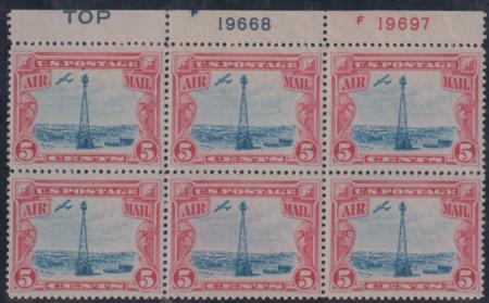 US C11 Airmails F - VF NH Plate Block of 6; Blue "Top" + 2 Plate #'s