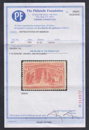 US 241 Early Commemoratives F - VF Unused Regummed PF Cert cv $1,050