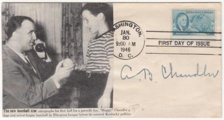 US 1946 933 FDC Signed by "Happy" Chandler , Commissioner of Baseball