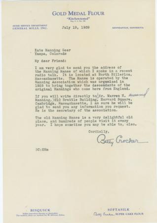 US 1939 Autographed Letter from Betty Crocker