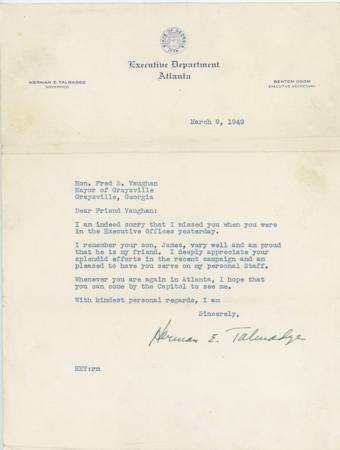 US 1949 Autographed Letter from Governor Herman Talmadge