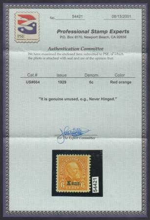 US 664 VF - XF NH Kansas Overprint Jumbo Margin - PSE Cert