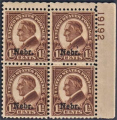 US 670 F - VF Mint NH Nebraska Overprint Plate Block 19192 UR cv $95